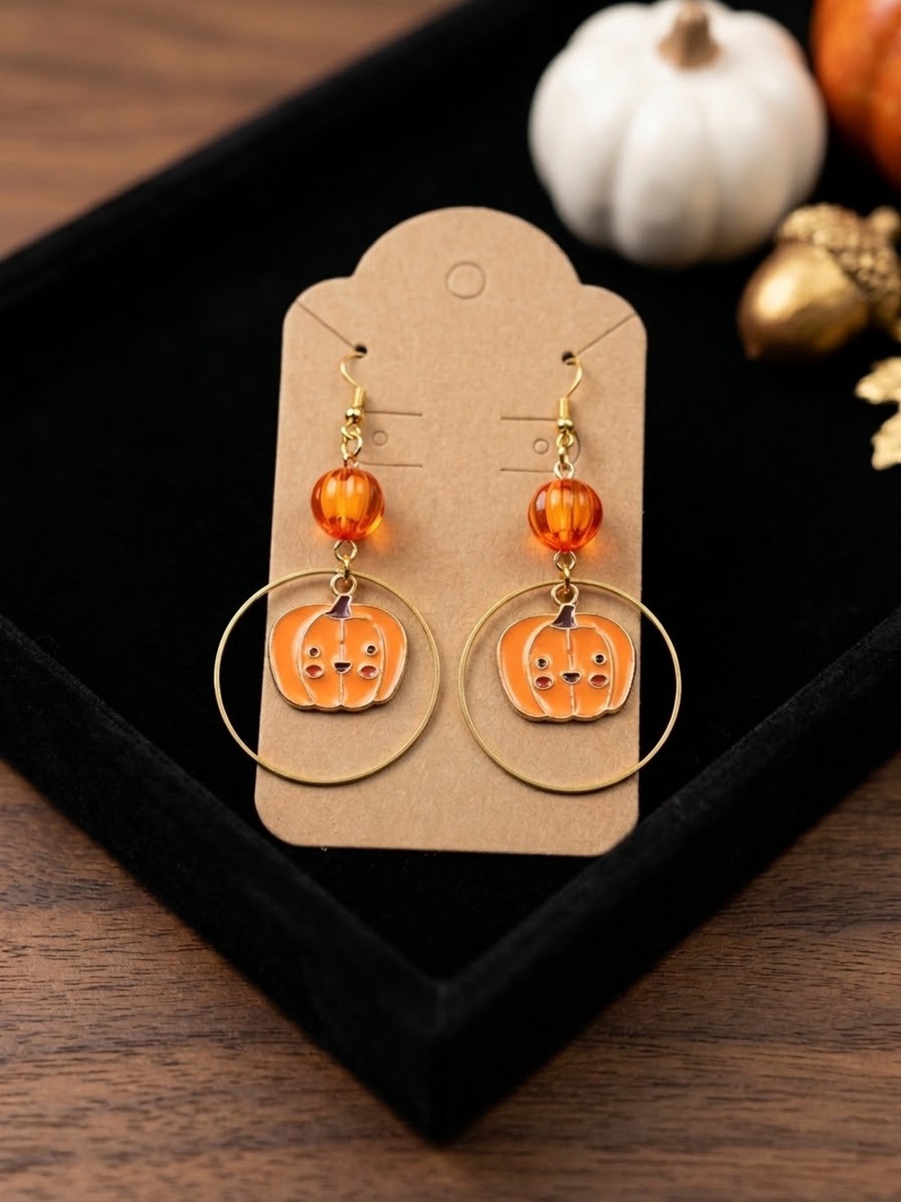 Gold Hoop Earrings with Orange Pumpkin Charms